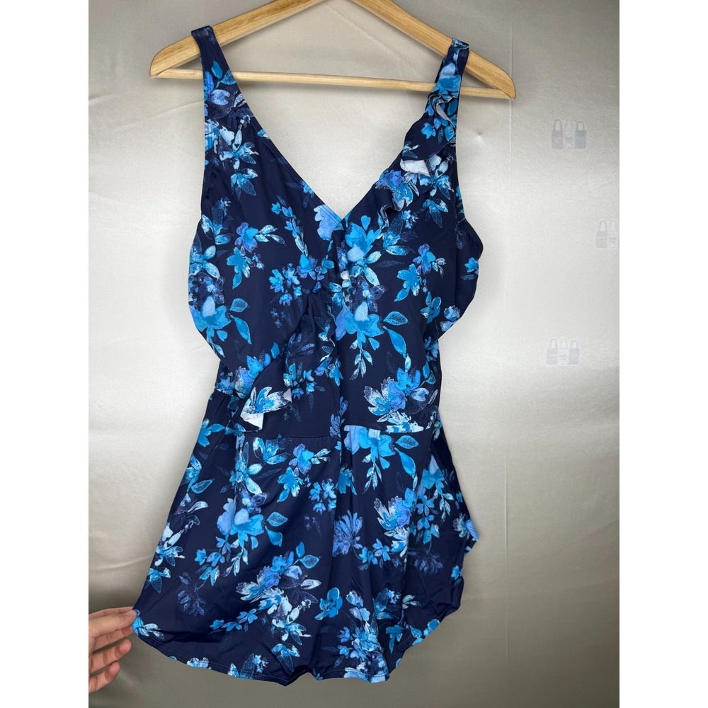 Denim & Co. Beach Ruffle Trim V-Neck Swim Dress Navy Floral, Reg 16 - Picture 2 of 8